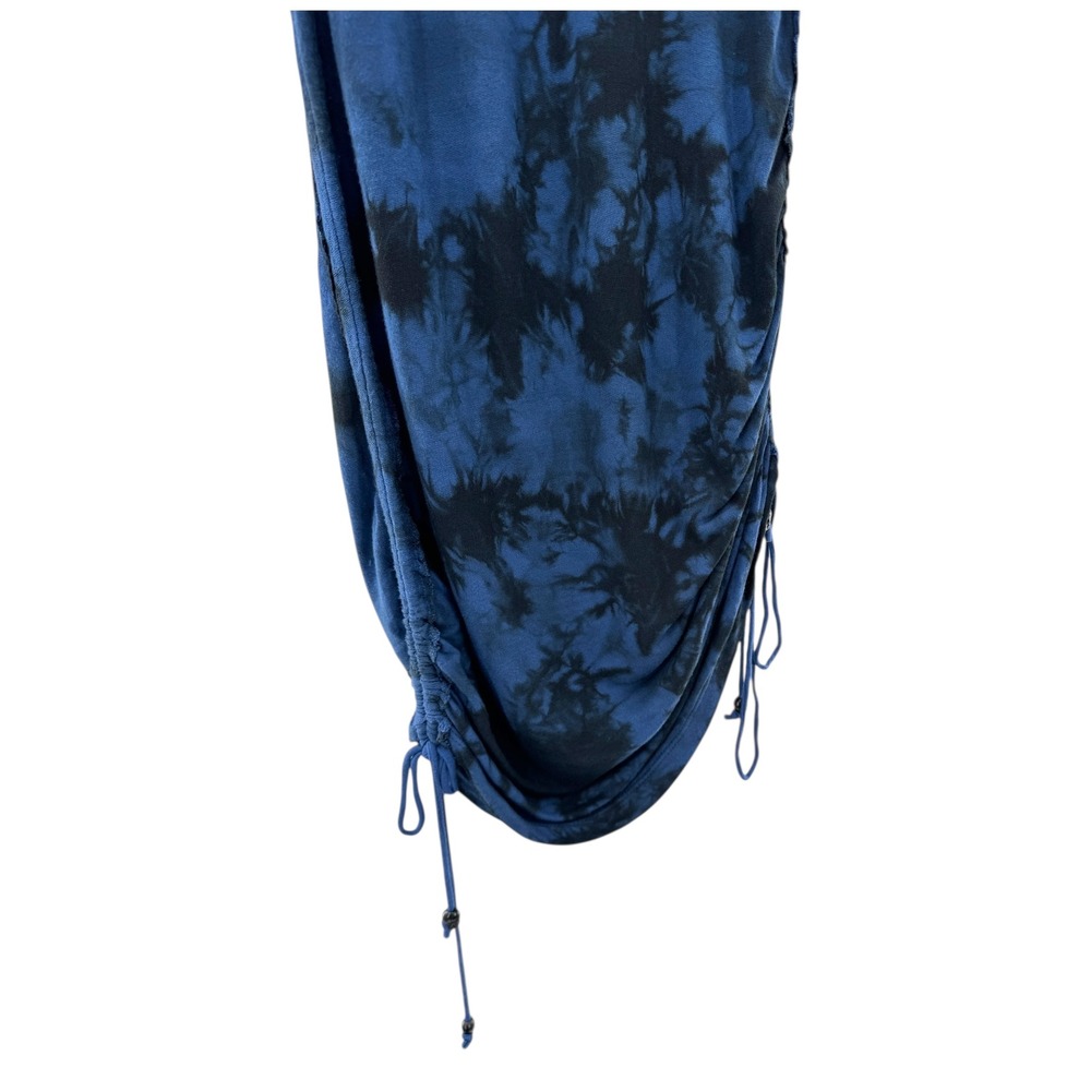 Affliction Blue Black Tie Dye Ruched Drawstring Asymmetrical Tee Dress M - Picture 3 of 9
